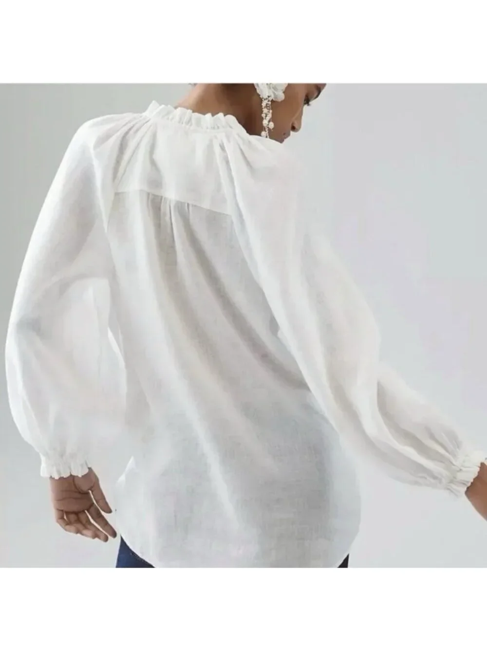 Anthropologie Maeve The Audie Linen Puff Sleeve Blouse White